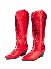 Metallic Eagle Applique Embroidered Pointed-toe Chunky Heels Slip-on Mid Calf Cowgirl Boots